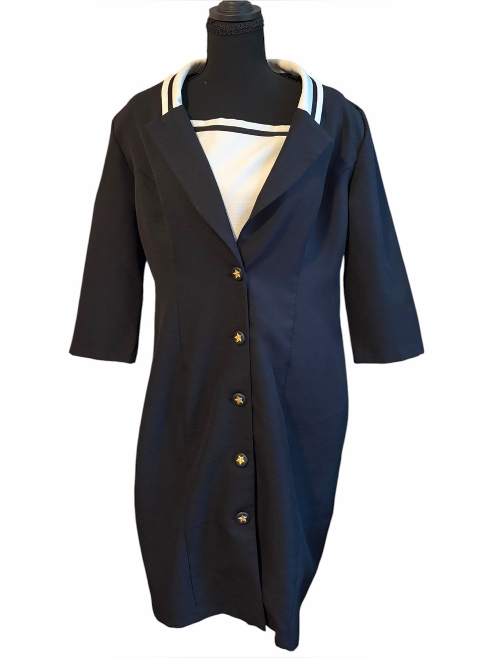 Whirlaway Frocks 80s Vtg Black Sailor Gold Star Buttons Midi Dress Sz 14